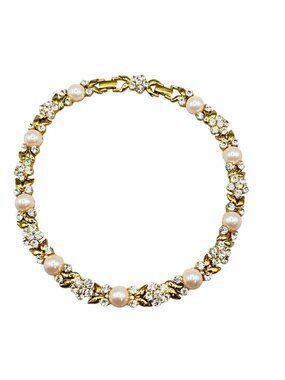 Vintage Choker Necklace Faux Pearls And Rhinestones Gold Tone Classic Design